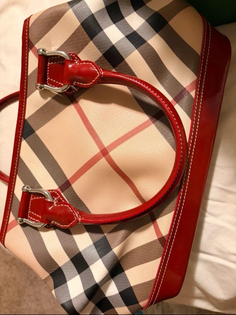 Vintage Burberry Nova Check Red Patent Satchel Y2K + Dust Bag Tags Strap Charms - Picture 5 of 15